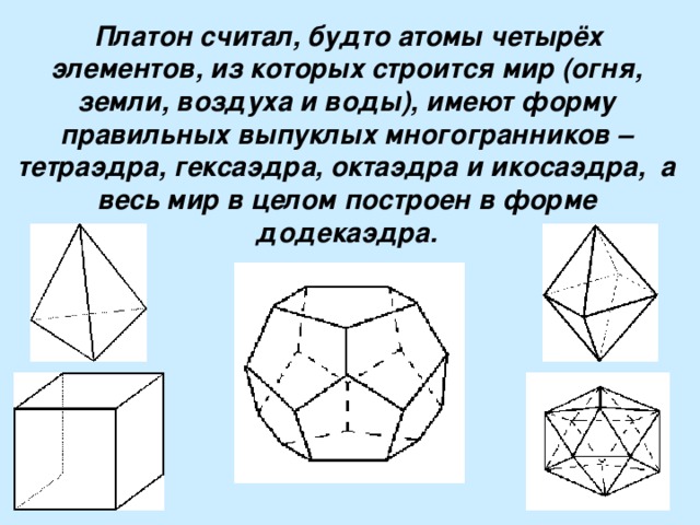  Платон считал, будто атомы четырёх элементов, из которых строится мир (огня, земли, воздуха и воды), имеют форму правильных выпуклых многогранников – тетраэдра, гексаэдра, октаэдра и икосаэдра, а весь мир в целом построен в форме додекаэдра. 