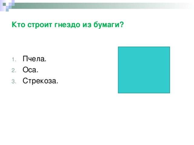 Кто строит гнездо из бумаги? Пчела. Оса. Стрекоза.  