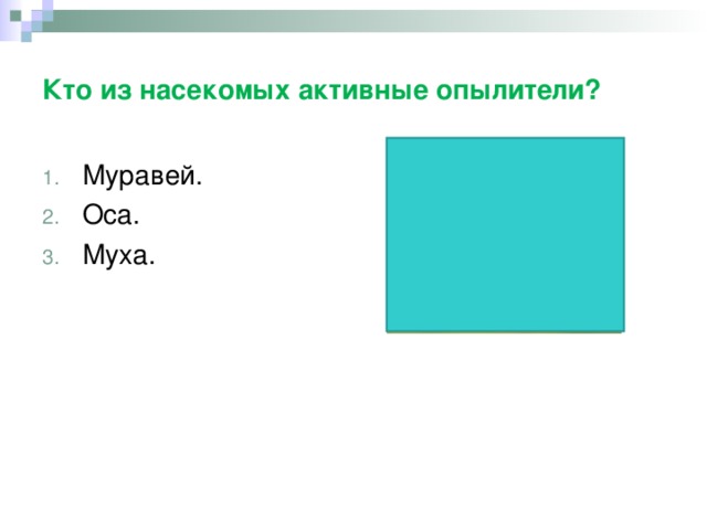 Кто из насекомых активные опылители? Муравей. Оса. Муха.  