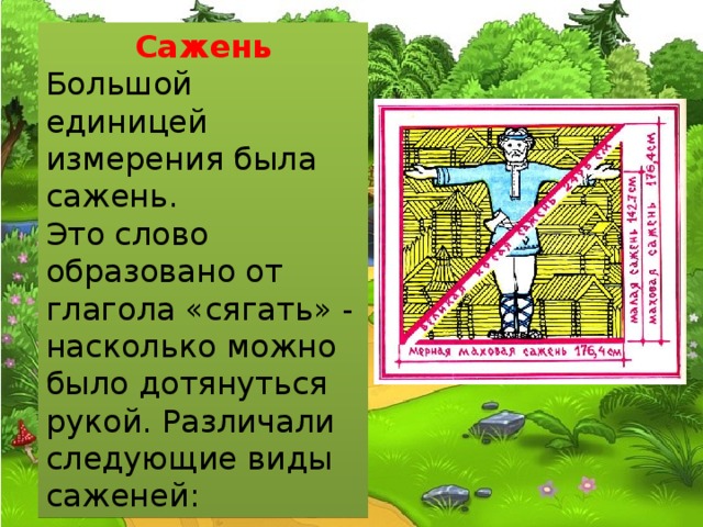 Сажень Большой единицей измерения была сажень. Это слово образовано от глагола «сягать» - насколько можно было дотянуться рукой. Различали следующие виды саженей: 