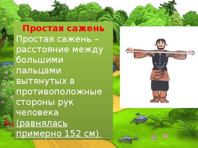 Простая сажень Простая сажень – расстояние между большими пальцами вытянутых в противоположные стороны рук человека (равнялась примерно 152 см) 