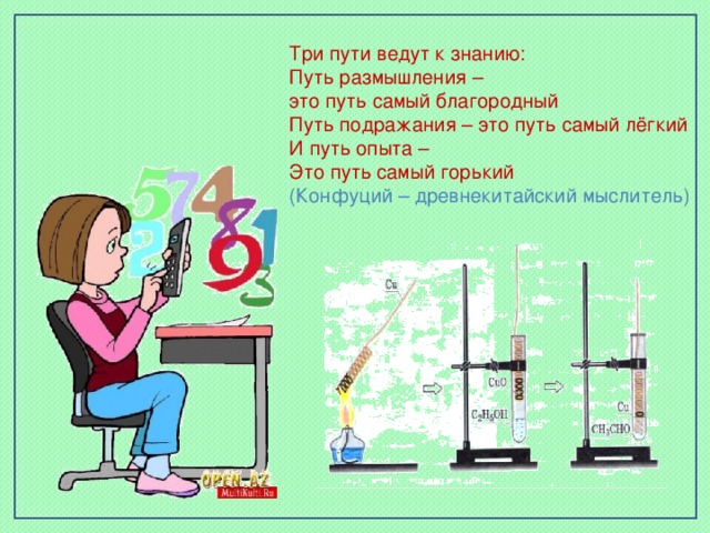Три пути ведут к знанию: Путь размышления – это путь самый благородный Путь подражания – это путь самый лёгкий И путь опыта – Это путь самый горький (Конфуций – древнекитайский мыслитель)