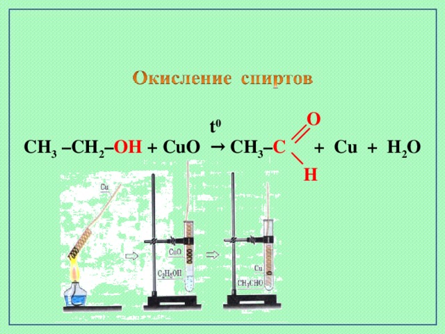 O t 0 CH 3 –CH 2 – OH + CuO → CH 3 – C + Cu + H 2 O H