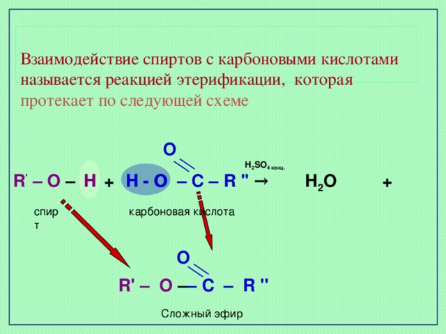 Взаимодействие спиртов с карбоновыми кислотами называется реакцией этерификации, которая протекает по следующей схеме    O R ' – O – + – C – R ''  →  Н 2 SO 4 конц. Н 2 О + H - O Н Н - О H карбоновая кислота спирт  О R' – O – – C – R ''  Сложный эфир