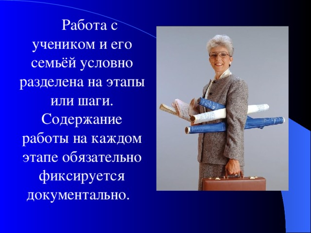  Работа с учеником и его семьёй условно разделена на этапы или шаги. Содержание работы на каждом этапе обязательно фиксируется документально. 
