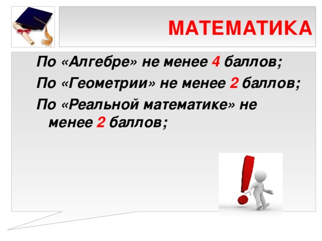 МАТЕМАТИКА По «Алгебре» не менее 4 баллов; По «Геометрии» не менее 2 баллов; По «Реальной математике» не менее 2 баллов; 