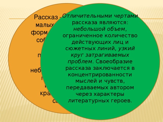 Рассказ – это одна из малых литературных форм. Он представляет собой небольшое по объему повествовательное произведение с небольшим количеством героев. При этом изображаются кратковременные события. Отличительными чертами рассказа являются: небольшой объем , ограниченное количество действующих лиц и сюжетных линий, узкий круг затрагиваемых проблем . Своеобразие рассказа заключается в концентрированности мыслей и чувств, передаваемых автором через характеры литературных героев.    