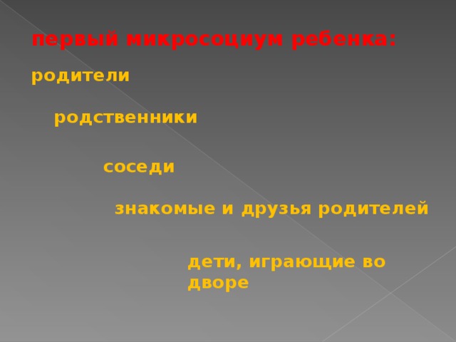 первый микросоциум ребенка: родители родственники соседи знакомые и друзья родителей дети, играющие во дворе