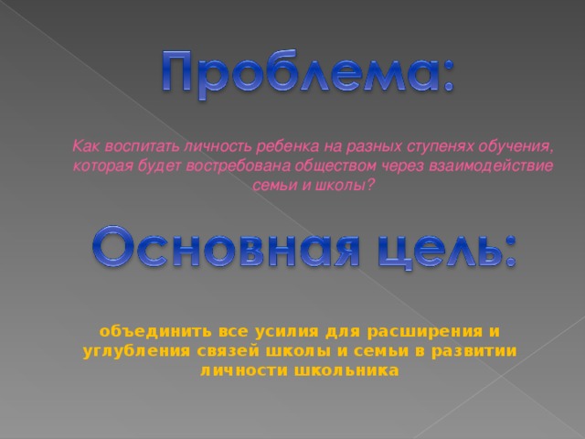 Как воспитать личность ребенка на разных ступенях обучения, которая будет востребована обществом через взаимодействие семьи и школы? объединить все усилия для расширения и углубления связей школы и семьи в развитии личности школьника