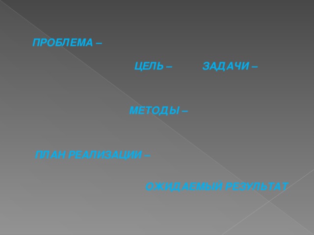 ПРОБЛЕМА – ЦЕЛЬ – ЗАДАЧИ – МЕТОДЫ – ПЛАН РЕАЛИЗАЦИИ – ОЖИДАЕМЫЙ РЕЗУЛЬТАТ