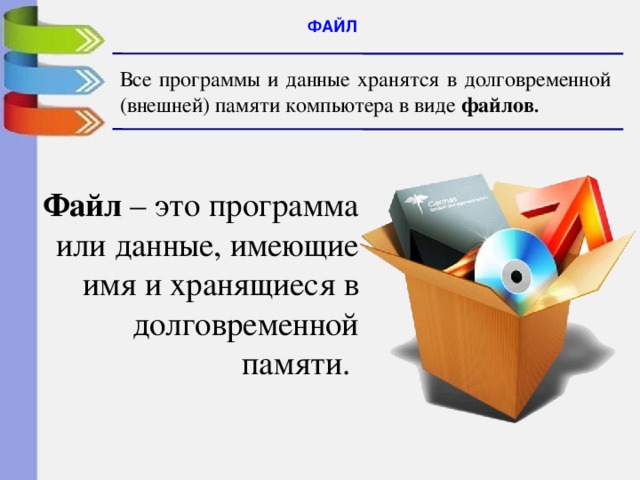 ФАЙЛ Все программы и данные хранятся в долговременной (внешней) памяти компьютера в виде файлов . Файл – это программа или данные, имеющие имя и хранящиеся в долговременной памяти. 