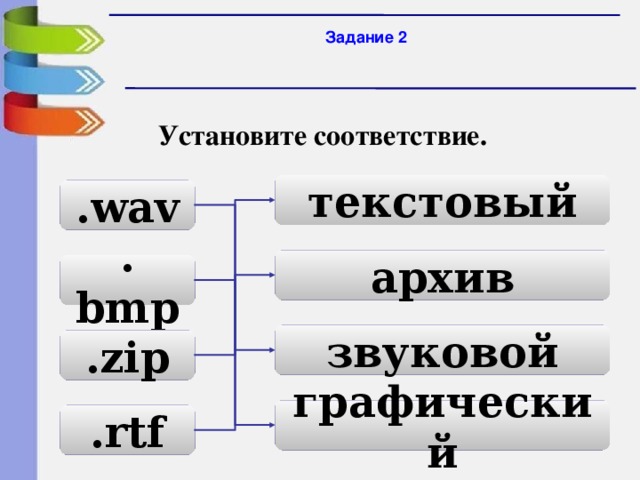 Задание 2 Установите соответствие. текстовый .wav архив .bmp звуковой .zip графический .rtf 