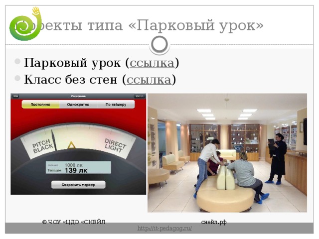 Проекты типа «Парковый урок» Парковый урок ( ссылка ) Класс без стен ( ссылка ) © ЧОУ «ЦДО «СНЕЙЛ       снейл.рф       http :// it - pedagog . ru / 