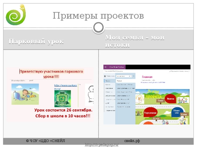 Примеры проектов Парковый урок Моя семья – мои истоки © ЧОУ «ЦДО «СНЕЙЛ       снейл.рф       http :// it - pedagog . ru / 