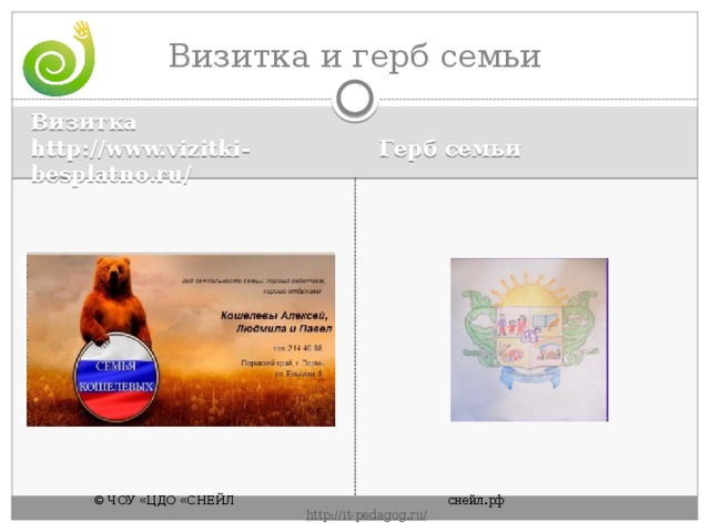 Визитка и герб семьи Визитка http://www.vizitki-besplatno.ru/ Герб семьи © ЧОУ «ЦДО «СНЕЙЛ       снейл.рф       http :// it - pedagog . ru / 