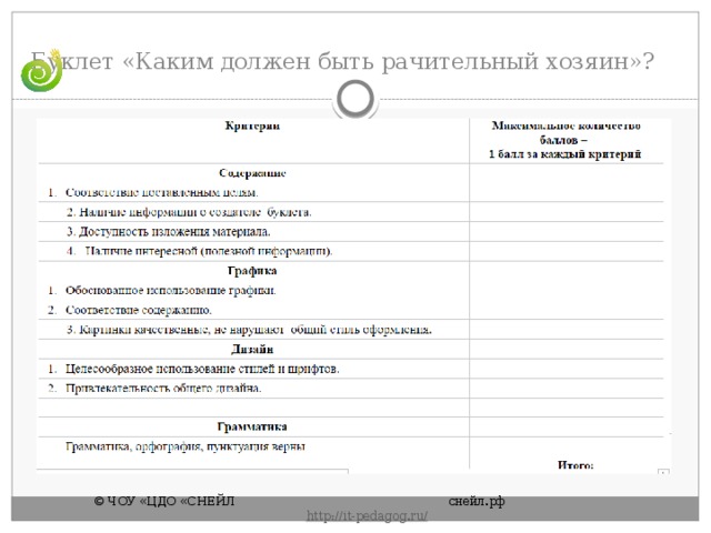 Буклет «Каким должен быть рачительный хозяин»? © ЧОУ «ЦДО «СНЕЙЛ       снейл.рф       http :// it - pedagog . ru / 