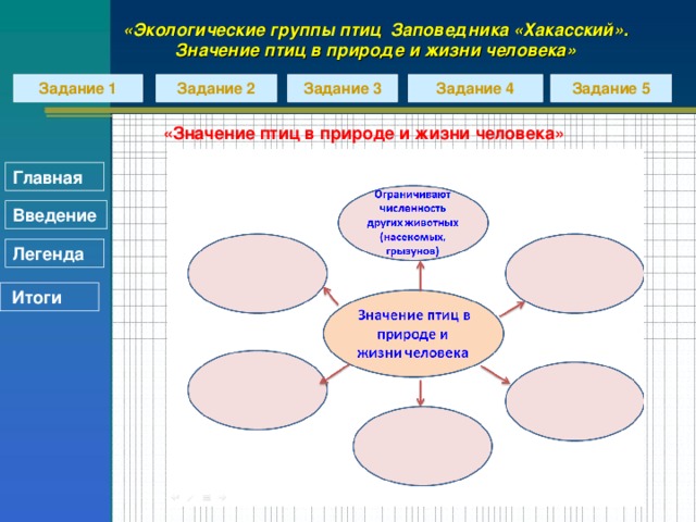 «Экологические группы птиц Заповедника «Хакасский». Значение птиц в природе и жизни человека» Задание 1 Задание 2 Задание 3 Задание 4 Задание 5 «Значение птиц в природе и жизни человека» Главная Введение Легенда  Итоги