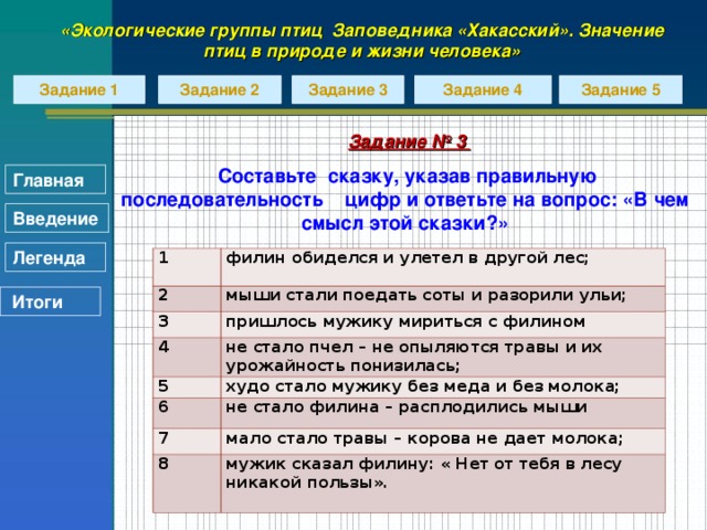 «Экологические группы птиц Заповедника «Хакасский». Значение птиц в природе и жизни человека» Задание 2 Задание 5 Задание 3 Задание 4 Задание 1 Задание № 3  Составьте сказку, указав правильную последовательность цифр и ответьте на вопрос: «В чем смысл этой сказки?» Главная Введение Легенда 1 2 филин обиделся и улетел в другой лес;  3 мыши стали поедать соты и разорили ульи; 4 пришлось мужику мириться с филином 5 не стало пчел – не опыляются травы и их урожайность понизилась; 6 худо стало мужику без меда и без молока; 7 не стало филина – расплодились мыши мало стало травы – корова не дает молока; 8 мужик сказал филину: « Нет от тебя в лесу никакой пользы».  Итоги