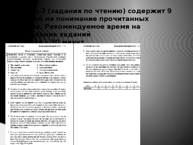 Раздел 2 (задания по чтению) содержит 9 заданий на понимание прочитанных текстов. Рекомендуемое время на выполнение заданий  раздела – 30 минут. 