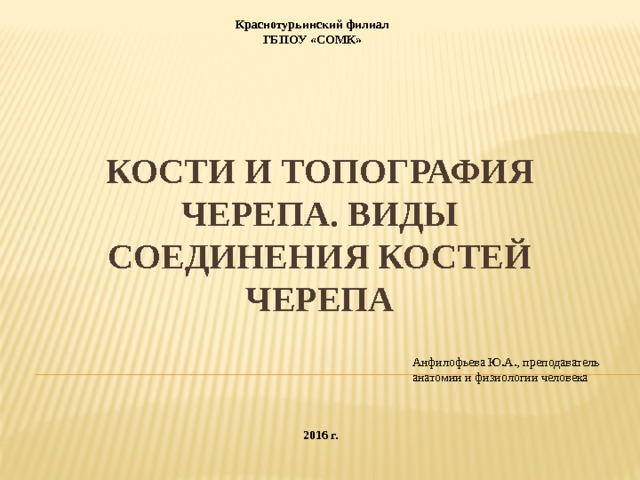 Краснотурьинский филиал ГБПОУ «СОМК» Кости и топография черепа. Виды соединения костей черепа Анфилофьева Ю.А., преподаватель анатомии и физиологии человека 2016 г. 