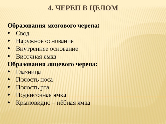 4. Череп в целом      Образования мозгового черепа: Свод Наружное основание Внутреннее основание Височная ямка Образования лицевого черепа: Глазница Полость носа Полость рта Подвисочная ямка Крыловидно – нёбная ямка 