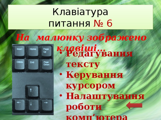 Клавіатура  питання № 6 На малюнку зображено клавіші… Редагування тексту Керування курсором Налаштування роботи комп’ютера 