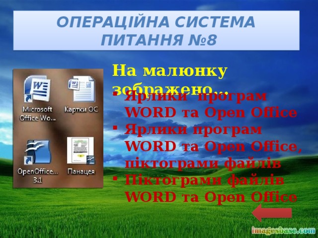 Операційна система  питання №8 На малюнку зображено… Ярлики програм WORD та Open Office Ярлики програм WORD та Open Office, піктограми файлів Піктограми файлів WORD та Open Office 