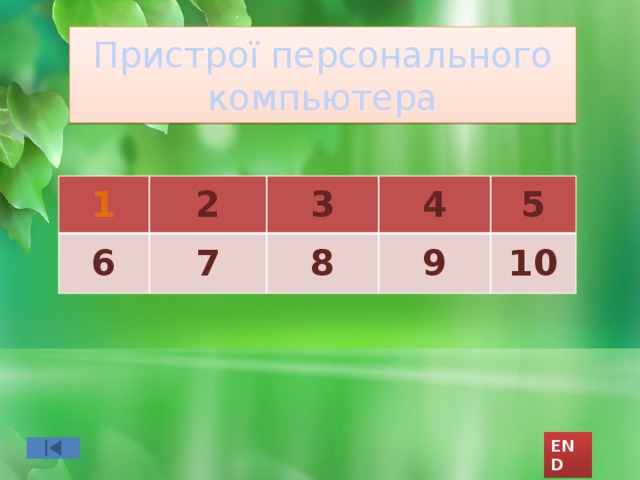 Пристрої персонального компьютера 1 2 6 3 7 4 8 5 9 10 END 
