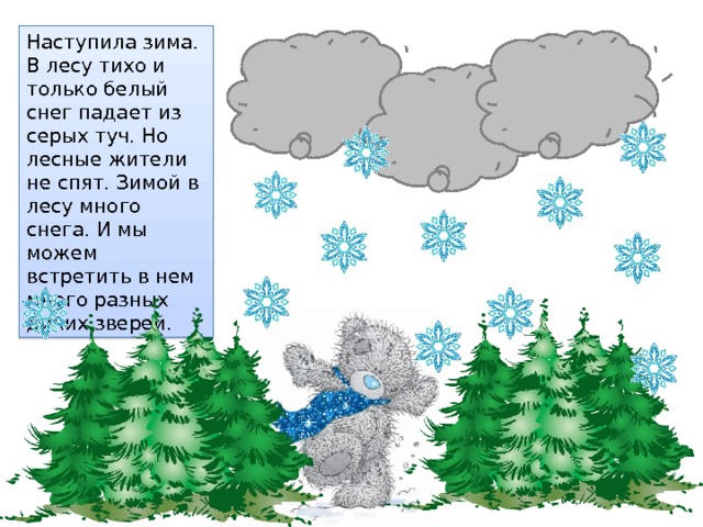 Наступила зима. В лесу тихо и только белый снег падает из серых туч. Но лесные жители не спят. Зимой в лесу много снега. И мы можем встретить в нем много разных диких зверей. 