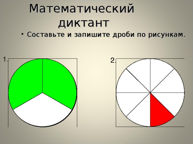Математический диктант Составьте и запишите дроби по рисункам. 