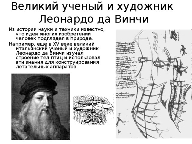 Великий ученый и художник  Леонардо да Винчи Из истории науки и техники известно, что идеи многих изобретений человек подглядел в природе. Например, еще в XV веке великий итальянский ученый и художник Леонардо да Винчи изучал строение тел птиц и использовал эти знания для конструирования летательных аппаратов. 
