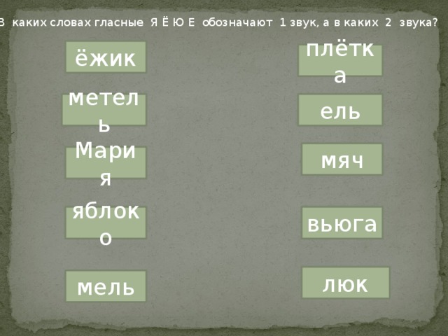 В каких словах гласные Я Ё Ю Е обозначают 1 звук, а в каких 2 звука? ёжик плётка ель метель мяч Мария вьюга яблоко люк мель 