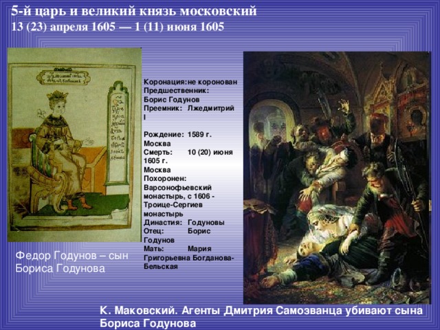 Агенты дмитрия самозванца убивают сына бориса годунова картина константина маковского 1862