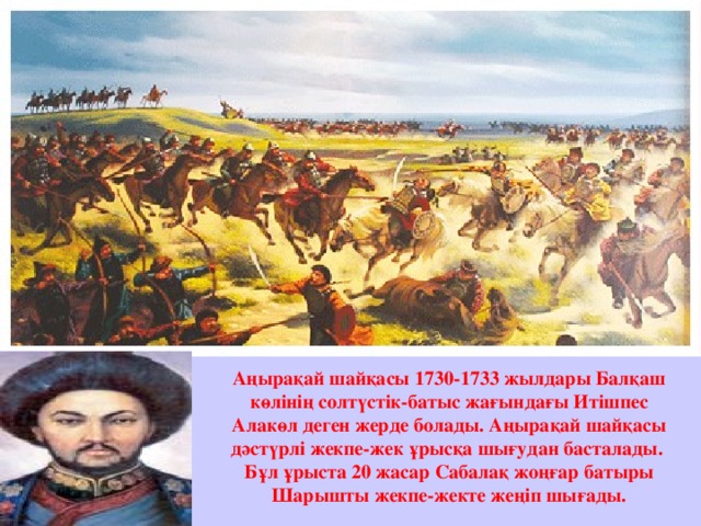 Аңырақай шайқасы 1730-1733 жылдары Балқаш көлінің солтүстік-батыс жағындағы Итішпес Алакөл деген жерде болады. Аңырақай шайқасы дәстүрлі жекпе-жек ұрысқа шығудан басталады. Бұл ұрыста 20 жасар Сабалақ жоңғар батыры Шарышты жекпе-жекте жеңіп шығады. 