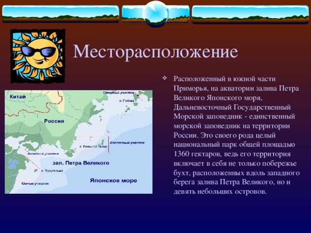 Месторасположение Расположенный в южной части Приморья, на акватории залива Петра Великого Японского моря, Дальневосточный Государственный Морской заповедник - единственный морской заповедник на территории России. Это своего рода целый национальный парк общей площадью 1360 гектаров, ведь его территория включает в себя не только побережье бухт, расположенных вдоль западного берега залива Петра Великого, но и девять небольших островов. 