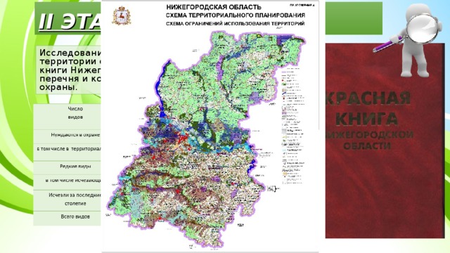II ЭТАП Исследование картографических материалов территории области и информации Красной книги Нижегородской области для выявления перечня и количества организмов, требующих охраны. 