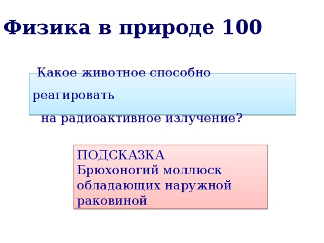 Физика в природе 100 Какое животное способно реагировать  на радиоактивное излучение? ПОДСКАЗКА Брюхоногий моллюск обладающих наружной раковиной 