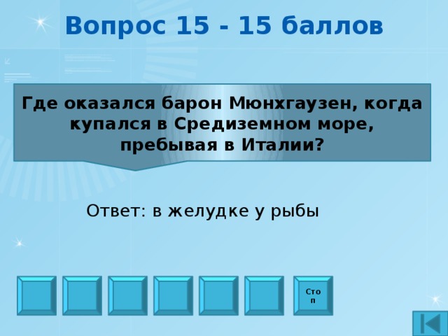 Вопрос 15 - 15 баллов Где оказался барон Мюнхгаузен, когда купался в Средиземном море, пребывая в Италии? Ответ: в желудке у рыбы Стоп