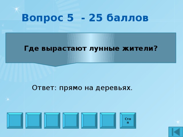 Вопрос 5 - 25 баллов Где вырастают лунные жители? Ответ: прямо на деревьях. Стоп