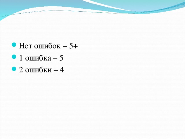 Нет ошибок – 5+ 1 ошибка – 5 2 ошибки – 4 