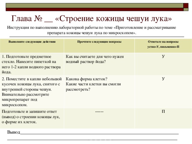 Глава № __ «Строение кожицы чешуи лука» Инструкция по выполнению лабораторной работы по теме «Приготовление и рассматривание препарата кожицы чешуи лука по микроскопом». Выполните следующие действия Прочтите следующие вопросы 1. Подготовьте предметное стекло. Нанесите пипеткой на него 1-2 капли водного раствора йода. Ответьте на вопросы устно-У, письменно-П Как вы считаете для чего нужен водный раствор йода? 2. Поместите в каплю небольшой кусочек кожицы лука, снятого с внутренней стороны чешуи. Внимательно рассмотрите микропрепарат под микроскопом.  Какова форма клеток? Какие части клетки вы смогли рассмотреть? У Подготовьте и запишите ответ (вывод) о строении кожицы лук, о форме их клеток. У ------ П Вывод__________________________________________________________________ _______________________________________________________________________ 