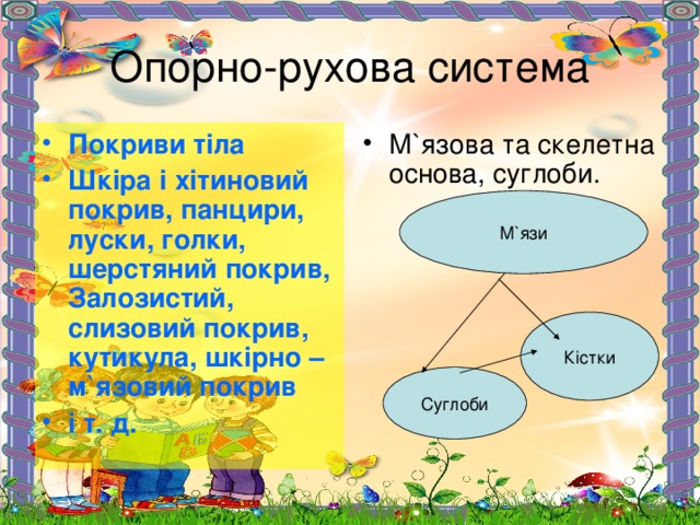 Опорно-рухова система Покриви тіла Шкіра і хітиновий покрив, панцири, луски, голки, шерстяний покрив, Залозистий, слизовий покрив, кутикула, шкірно – м ` язовий покрив і т. д. М ` язова та скелетна основа, суглоби. М ` язи Кістки Суглоби 