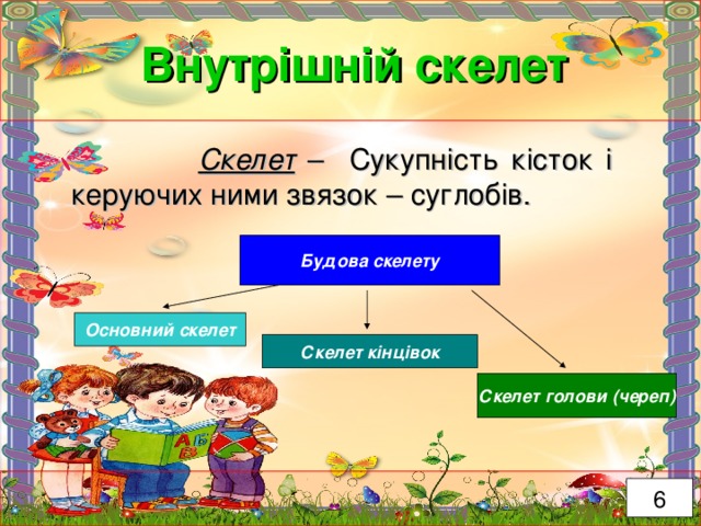 Внутрішній скелет  Скелет – Сукупність кісток і керуючих ними звязок – суглобів. Будова скелету Основний скелет Скелет кінцівок Скелет голови (череп) 6 
