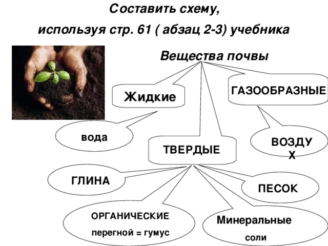 Составить схему,  используя стр. 61 ( абзац 2-3) учебника  Вещества почвы ГАЗООБРАЗНЫЕ Жидкие вода ВОЗДУХ ТВЕРДЫЕ ГЛИНА ПЕСОК ОРГАНИЧЕСКИЕ перегной = гумус Минеральные соли 