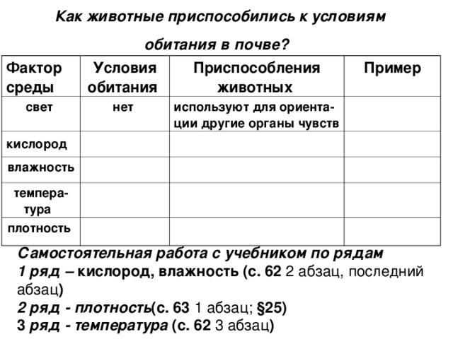 Как животные приспособились к условиям обитания в почве?  Фактор среды  Условия обитания  свет  Приспособления животных  нет кислород  Пример используют для ориента-ции другие органы чувств влажность темпера-тура  плотность  Самостоятельная работа с учебником по рядам 1 ряд – кислород, влажность (с. 62 2 абзац, последний абзац ) 2 ряд - плотность (с. 63 1 абзац; §25) 3 ряд -  температура (с. 62 3 абзац ) 