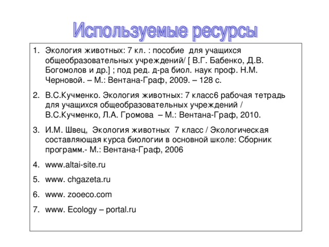 Экология животных: 7 кл. : пособие для учащихся общеобразовательных учреждений/ [ В.Г. Бабенко, Д.В. Богомолов и др.] ; под ред. д-ра биол. наук проф. Н.М. Черновой. – М.: Вентана-Граф, 2009. – 128 с. В.С.Кучменко. Экология животных: 7 класс6 рабочая тетрадь для учащихся общеобразовательных учреждений / В.С.Кучменко, Л.А. Громова – М.: Вентана-Граф, 2010. И.М. Швец, Экология животных 7 класс / Экологическая составляющая курса биологии в основной школе: Сборник программ.- М.: Вентана-Граф, 2006 www.altai-site.ru www. chgazeta.ru www. zooeco.com www. Ecology – portal.ru  