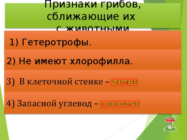 Признаки грибов, сближающие их с животными  1) Гетеротрофы. 2) Не имеют хлорофилла. 