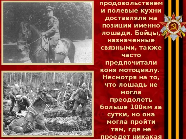 Обозы с продовольствием и полевые кухни доставляли на позиции именно лошади. Бойцы, назначенные связными, также часто предпочитали коня мотоциклу.  Несмотря на то, что лошадь не могла преодолеть больше 100км за сутки, но она могла пройти там, где не проедет никакая техника. 