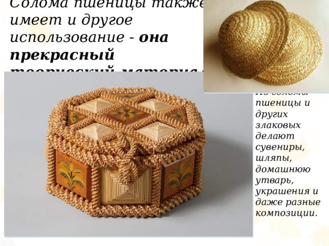 Солома пшеницы также имеет и другое использование - она прекрасный творческий материал Из соломы пшеницы и других злаковых делают сувениры, шляпы, домашнюю утварь, украшения и даже разные композиции. 