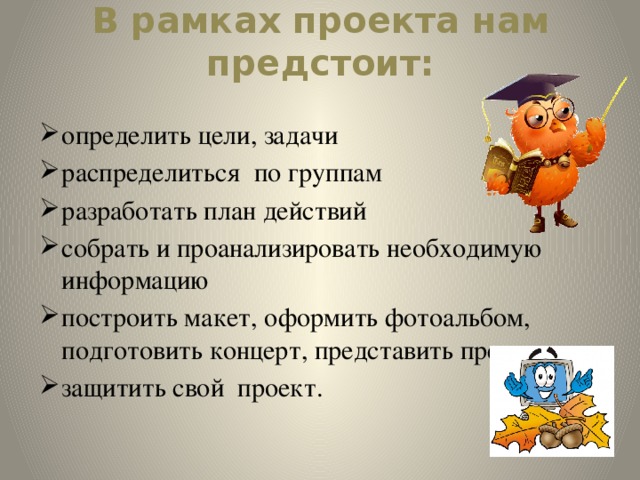 В рамках проекта нам предстоит: определить цели, задачи распределиться по группам разработать план действий собрать и проанализировать необходимую информацию построить макет, оформить фотоальбом, подготовить концерт, представить презентации защитить свой проект. 